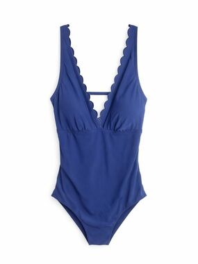 Crown & Ivy Blue Scalloped V-Neck One Piece Swimsuit 1X Resort Beach Vaction